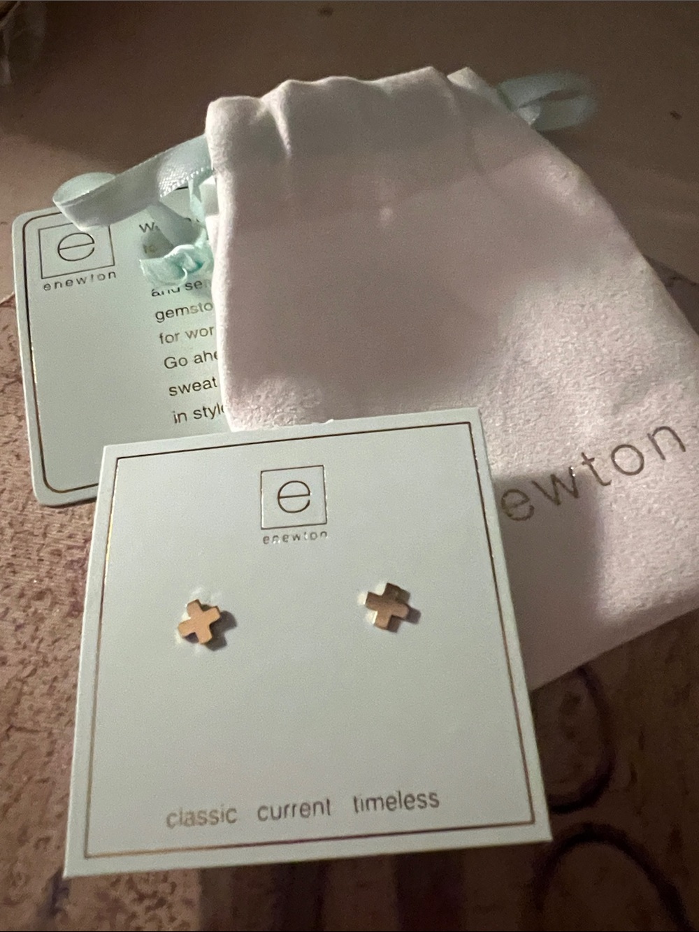 e.newton Gold signature  Cross Stud Earrings ( pierced )